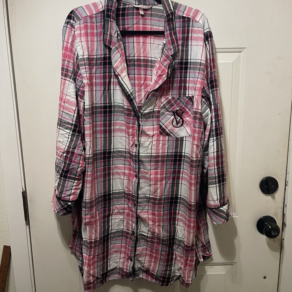 VICTORIA'S SECRET Plaid Flannel Nightgown Size XL Pink Black White